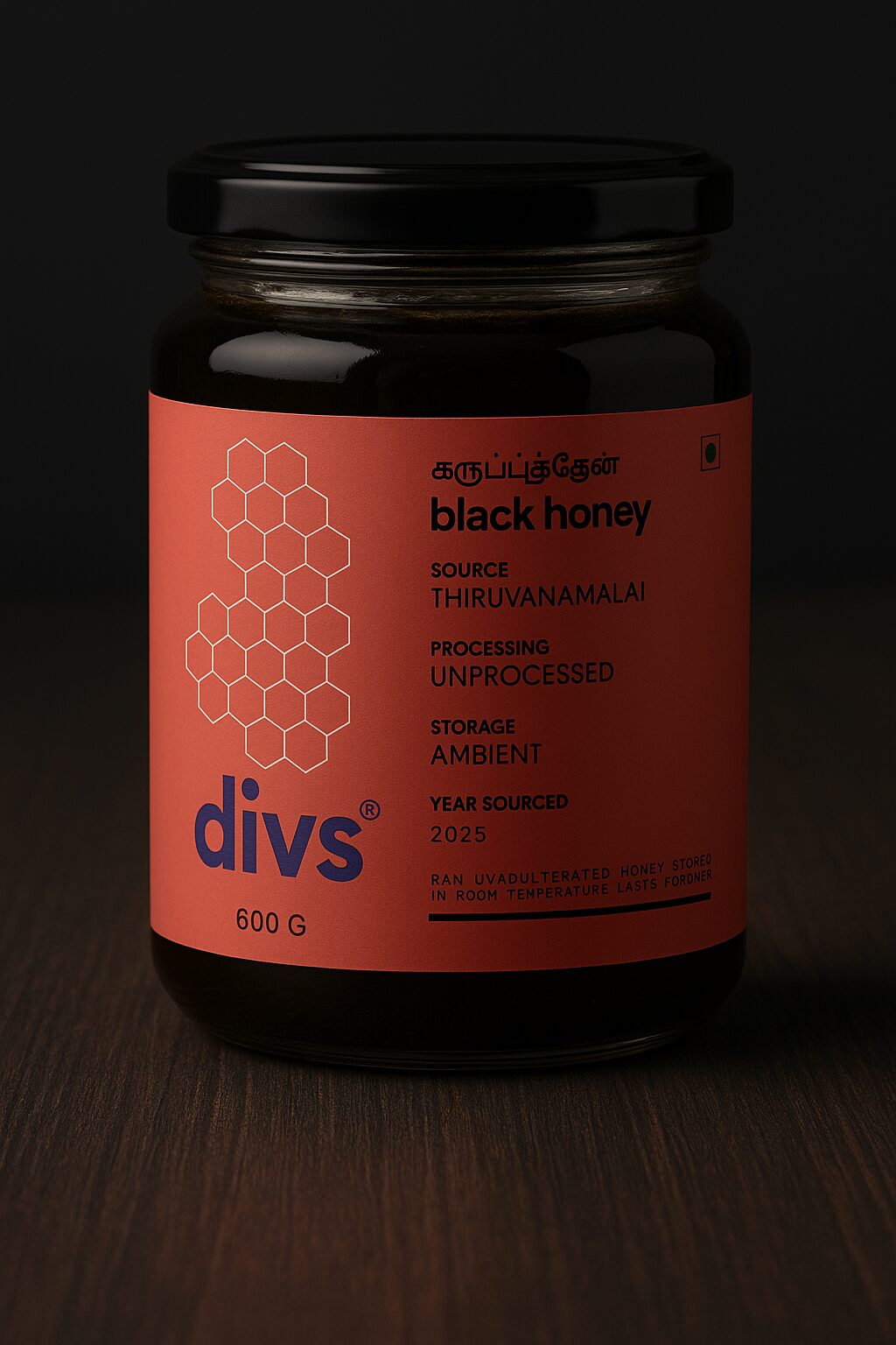 black honey raw unadulterated pure reserve Divs Raw Black Honey 600 gms - Image 1